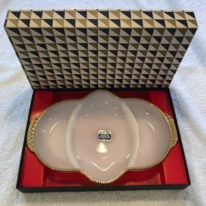Vintage 50’s Anchor Hocking Fire King Milk Glass Relish Dish Gold Trimmed